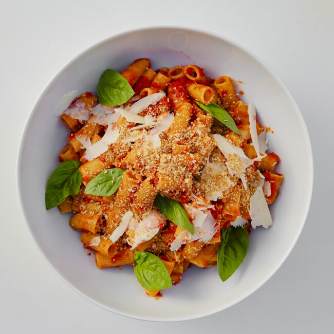 Solera & Co. Rigatoni Pomodoro, Basil, Garlic Bread Crumbs, Parmesan